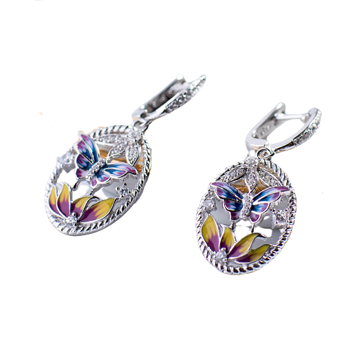 Colourful Butterfly and Flower Enamel Silver Drop Earrings for Women