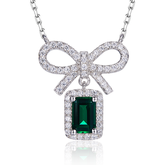 Green Zircon Stone Solitaire Drop Bowknot Rectangle Necklace for Women