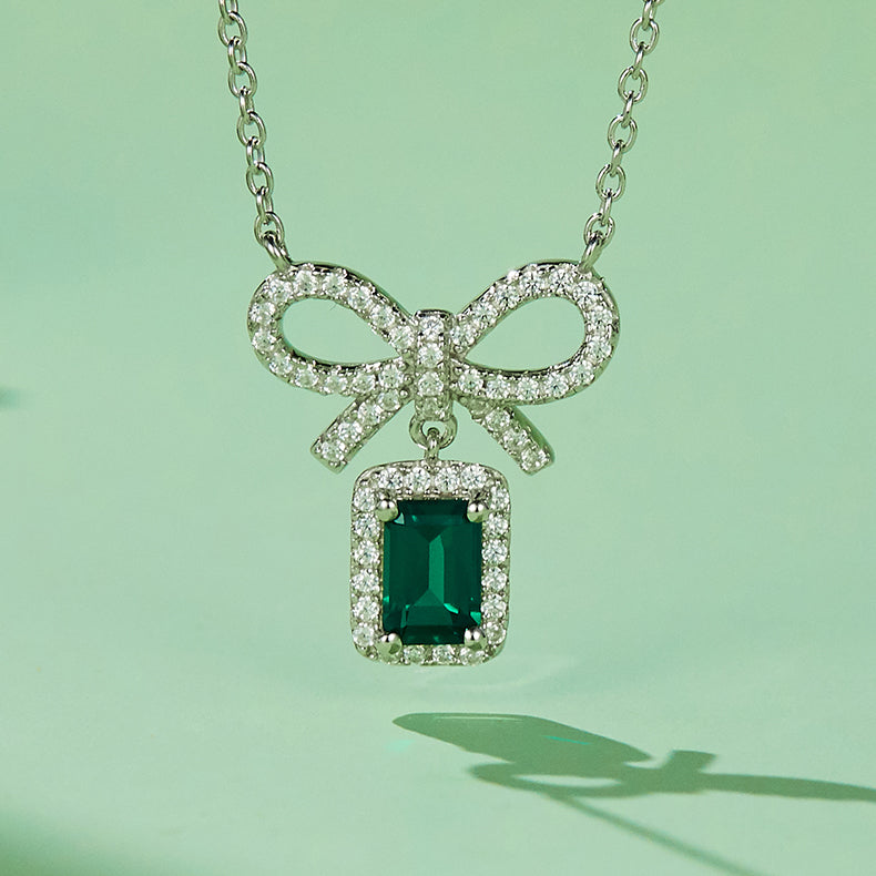Green Zircon Stone Solitaire Drop Bowknot Rectangle Necklace for Women