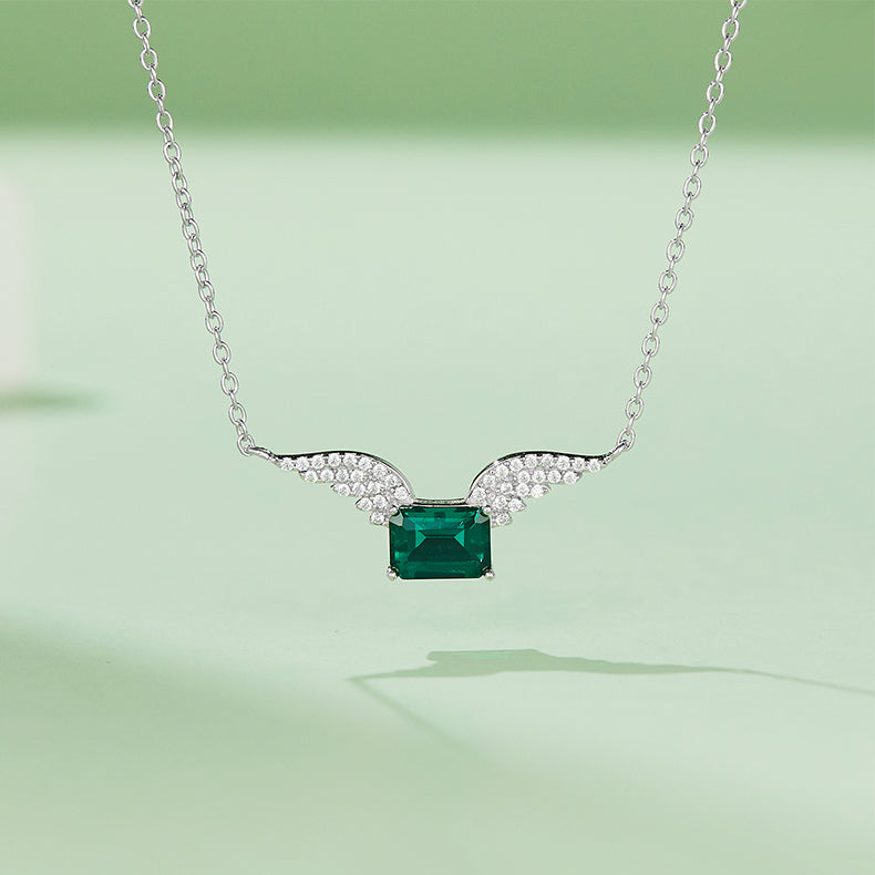 Green Zircon Stone Solitaire Drop Angel Wings Necklace for Women