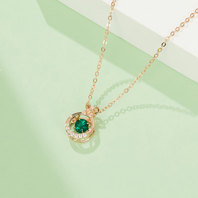 Green Zircon Stone Solitaire Drop (Rose Gold Colour) Round Bowknot Necklace for Women