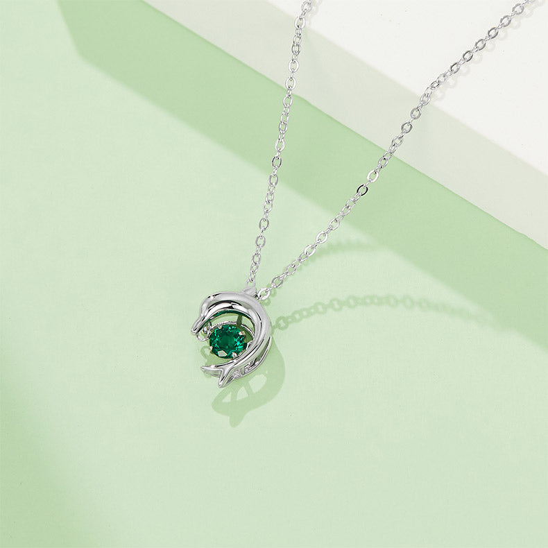 Green Zircon Stone Solitaire Drop Dolphin Necklace for Women