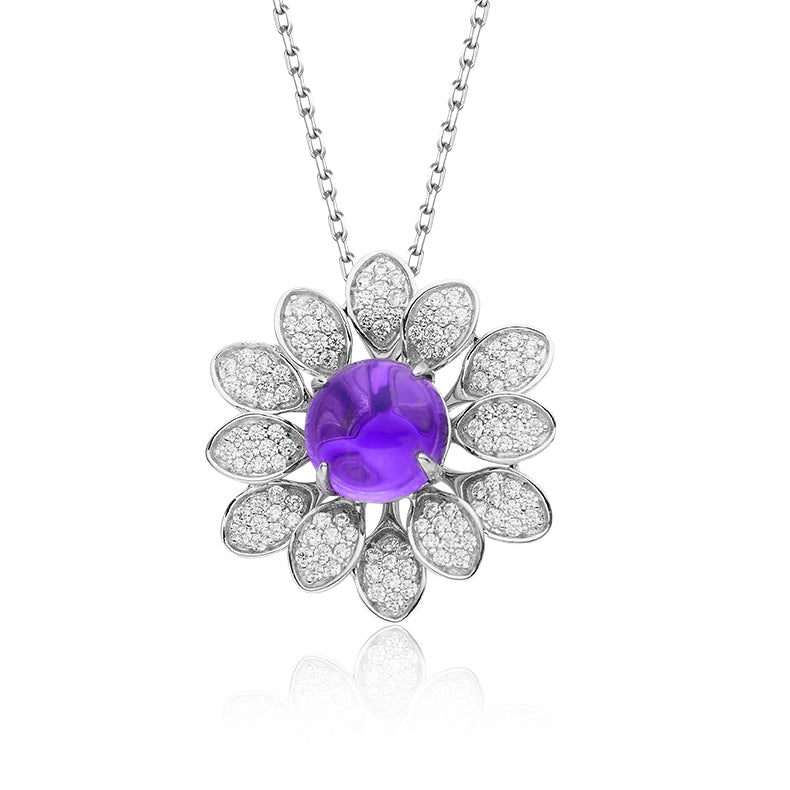 Purple Crystal Stone Solitaire Drop Flower Necklace for Women