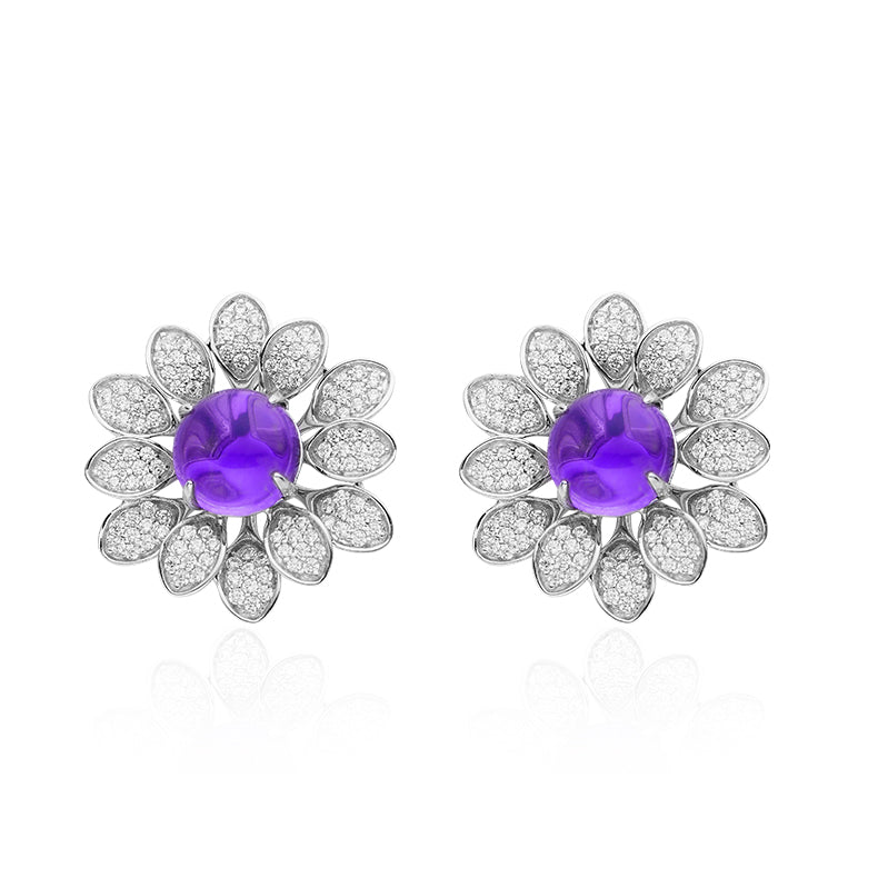 Purple Crystal Stone Solitaire Flower Earrings for Women