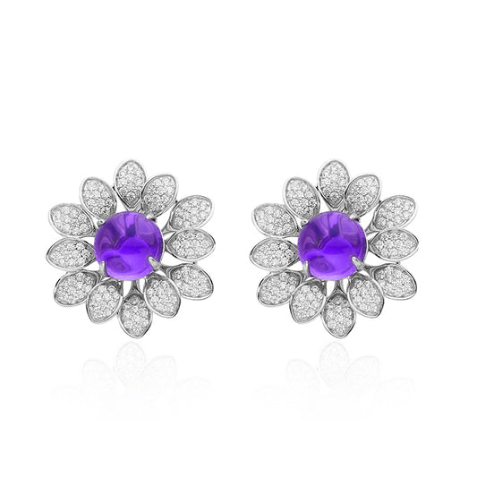 Purple Crystal Stone Solitaire Flower Earrings for Women