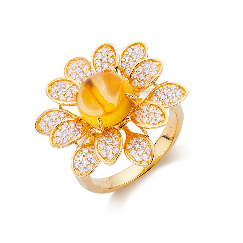 Yellow Crystal Stone Solitaire Flower Ring for Women