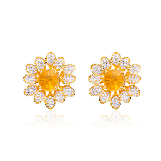 Round Yellow Crystal Flower Stud Earrings
