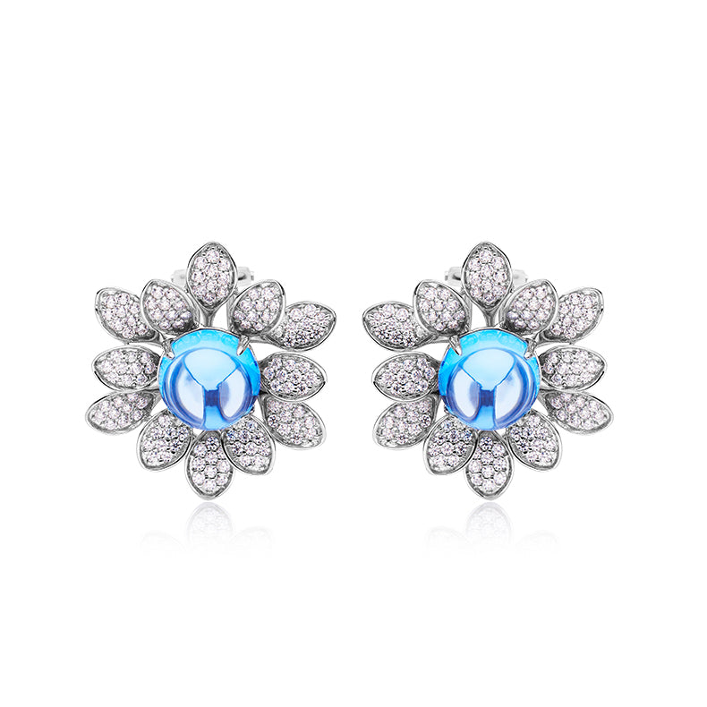 Blue Topaz Stone Solitaire  Flower Earrings for Women