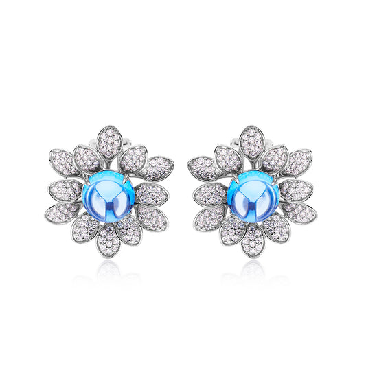 Blue Topaz Stone Solitaire  Flower Earrings for Women