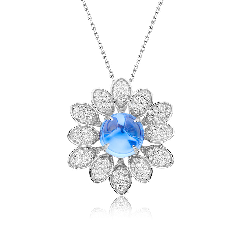 Blue Topaz Stone Solitaire Drop Flower Necklace for Women