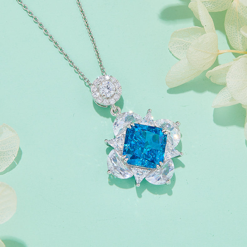 Blue Zircon(12.3CT) Stone Solitaire Drop Necklace for Women