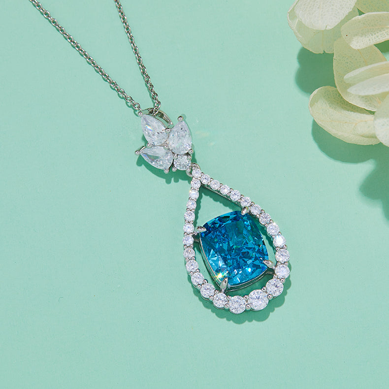 Blue Zircon(13.1CT) Stone Solitaire Drop Necklace for Women