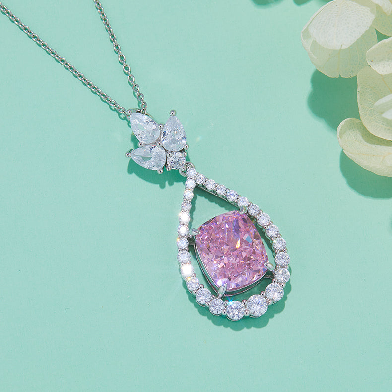 Pink Zircon(13.1CT) Stone Solitaire Drop Necklace for Women