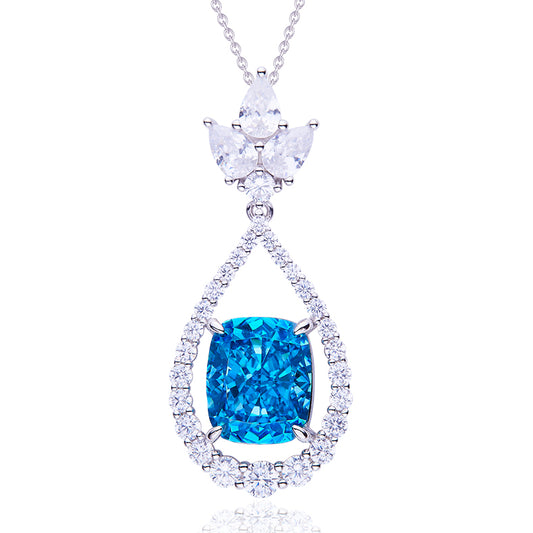 Blue Zircon(13.1CT) Stone Solitaire Drop Necklace for Women