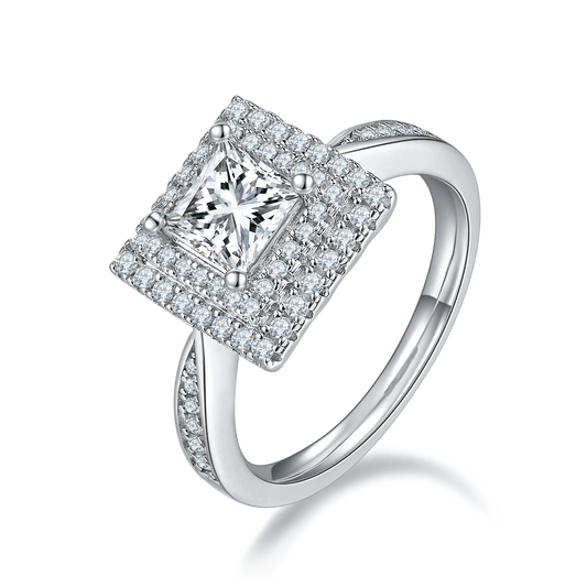 1.0CT Moissanite Square Luxurious Soleste Halo Plated Platinum Ring for Women