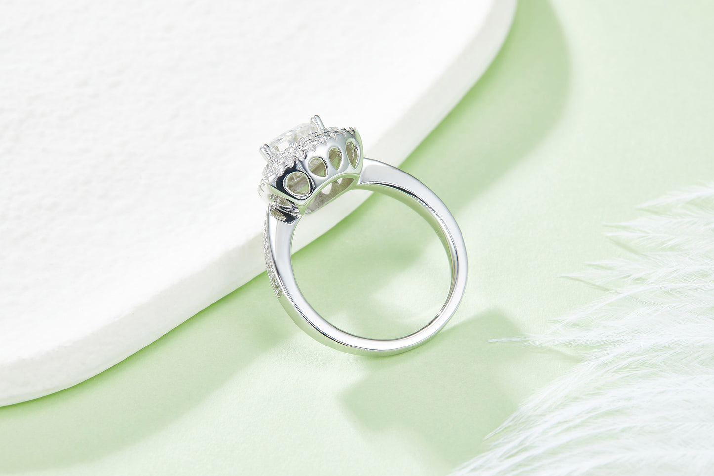 1.0CT Moissanite Trillion Luxurious Soleste Halo Plated Platinum Ring for Women