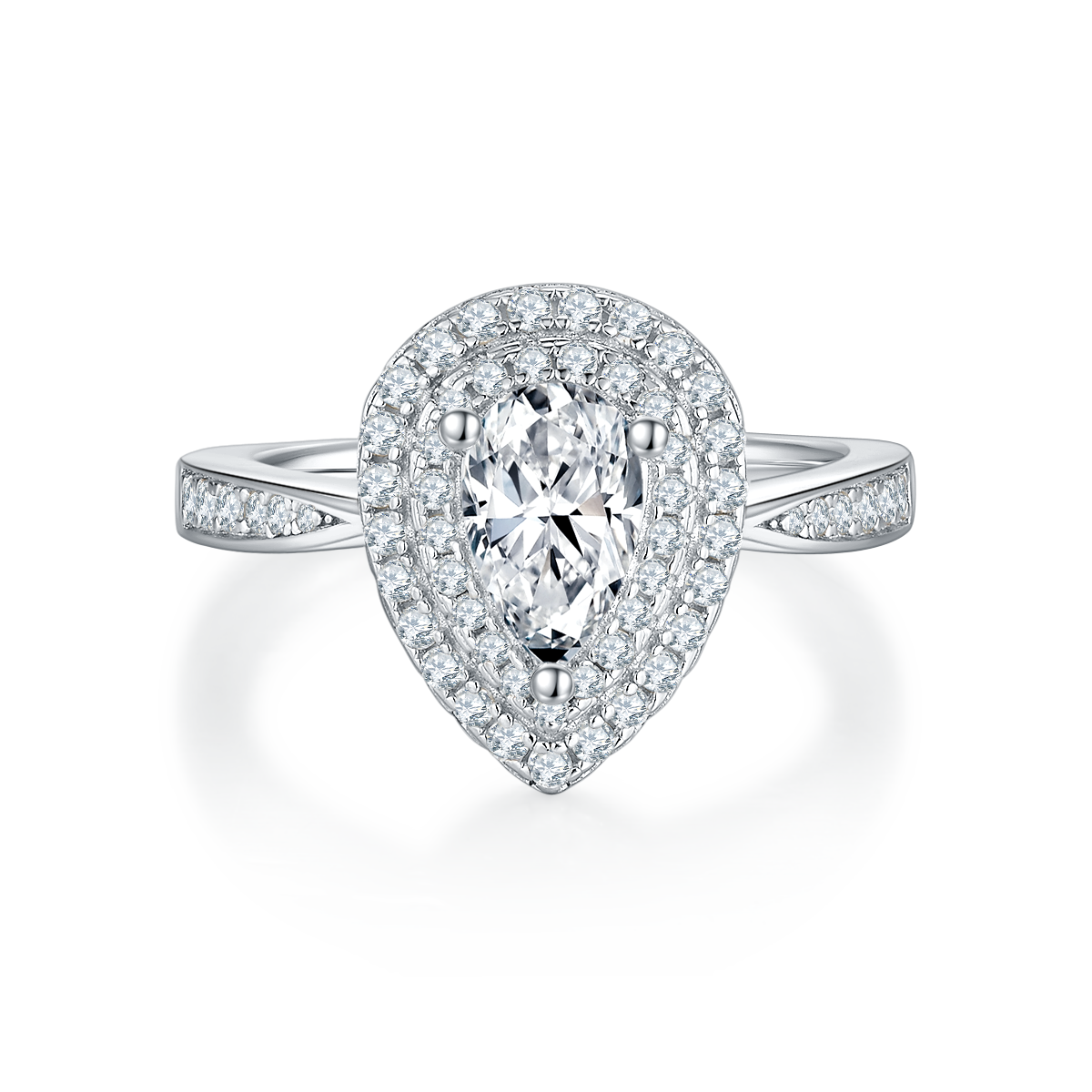 1.0CT Moissanite Pear Drop Luxurious Soleste Halo Plated Platinum Ring for Women