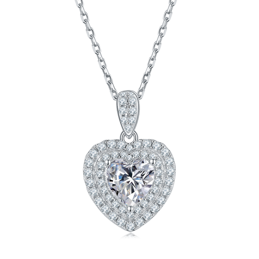 1.0CT Moissanite Heart-Shape Luxurious Soleste Halo Plated Platinum Necklace for Women