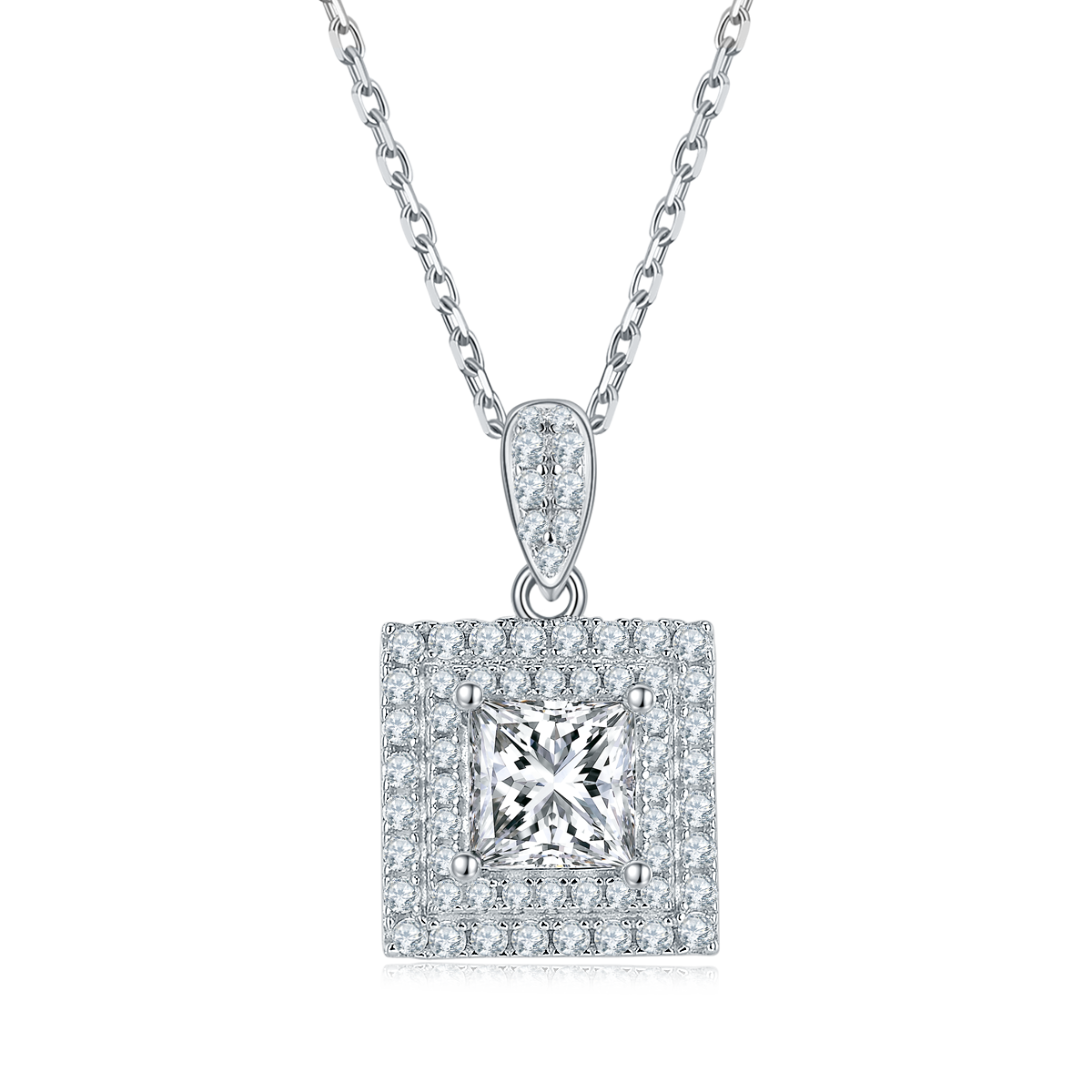 1.0CT Moissanite Square Luxurious Soleste Halo Plated Platinum Necklace for Women