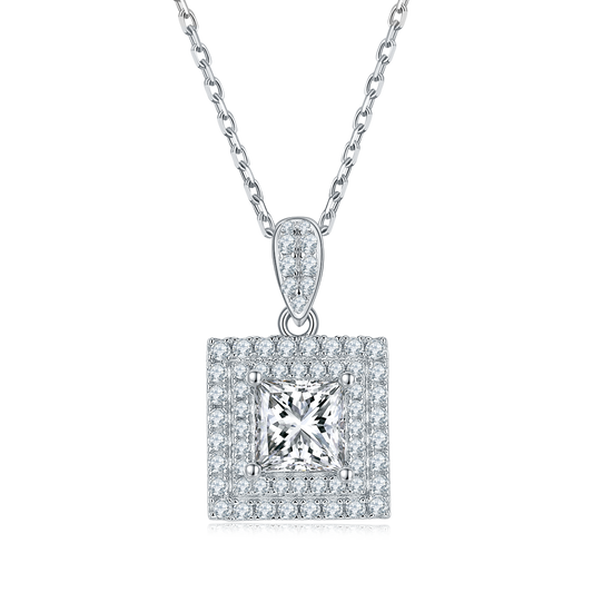 1.0CT Moissanite Square Luxurious Soleste Halo Plated Platinum Necklace for Women