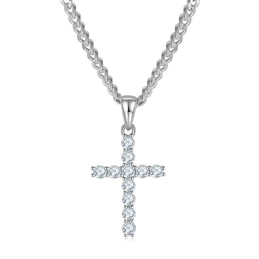 (Two Colours) 3.0mm Moissanite Classical Crucifix Pendant Plated Platinum Silver Necklace for Women