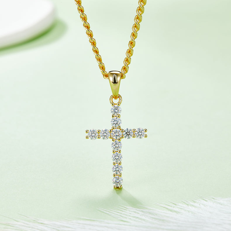 (Two Colours) 3.0mm Moissanite Classical Crucifix Pendant Plated Platinum Silver Necklace for Women