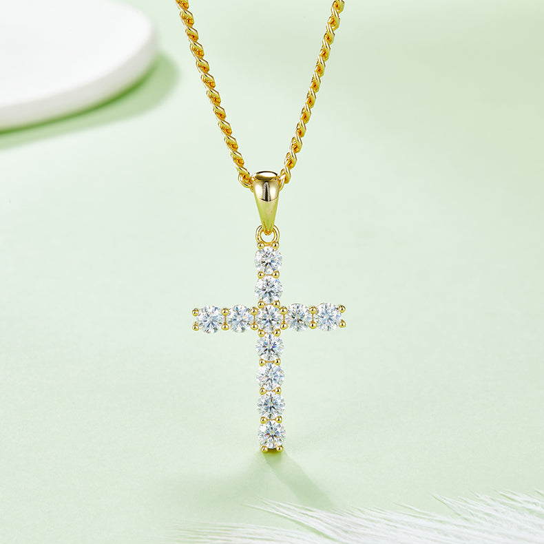(Two Colours) 4.0mm Moissanite Classical Crucifix Pendant Plated Platinum Silver Necklace for Women
