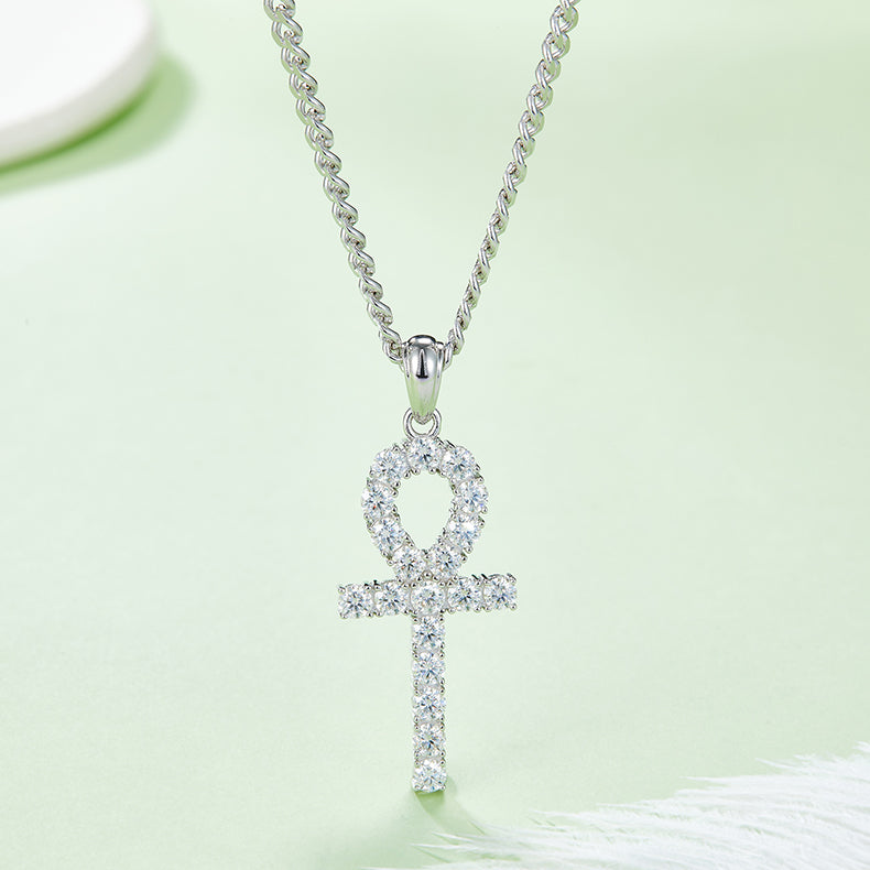 (Two Colours) 3.0mm Moissanite Fashion Crucifix Pendant Plated Platinum Silver Necklace for Women