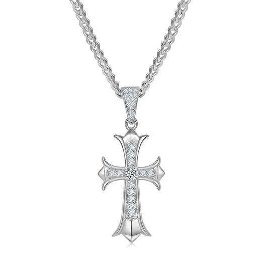 (Two Colours) 3.0mm Moissanite Vintage Crucifix Plated Silver Pendant Necklace for Women