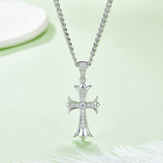 (Two Colours) 3.0mm Moissanite Vintage Crucifix Plated Silver Pendant Necklace for Women