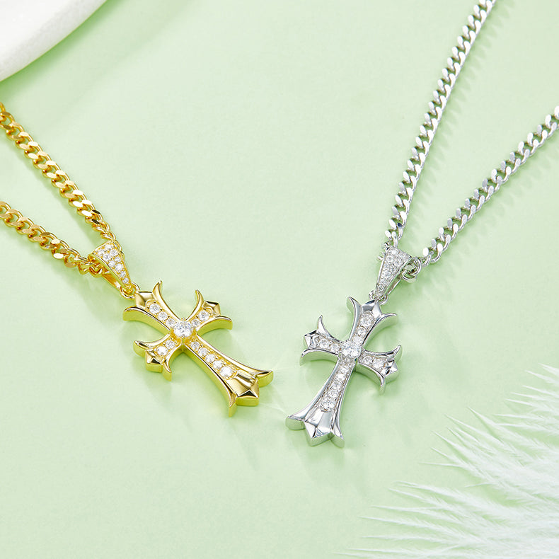 (Two Colours) 3.0mm Moissanite Vintage Crucifix Plated Silver Pendant Necklace for Women