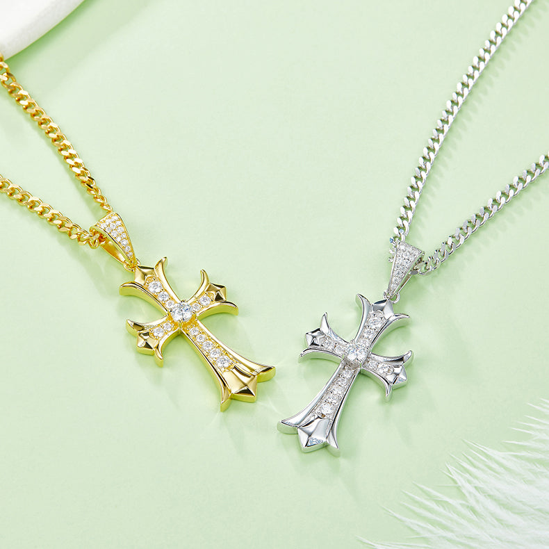(Two Colours) 4.0mm Moissanite Vintage Crucifix Plated Silver Pendant Necklace for Women