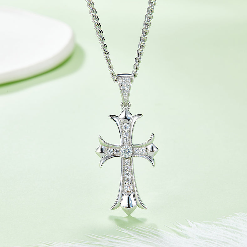 (Two Colours) 4.0mm Moissanite Vintage Crucifix Plated Silver Pendant Necklace for Women