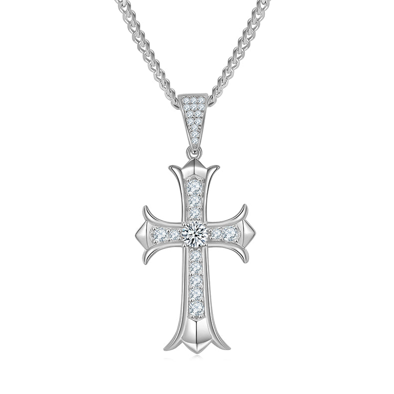 (Two Colours) 5.0mm Moissanite Vintage Crucifix Plated Silver Pendant Necklace for Women